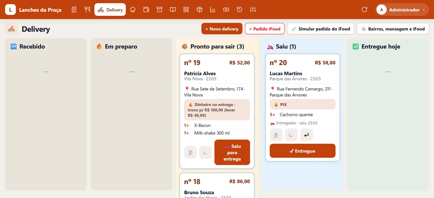 Painel do delivery com pedidos recebidos, em preparo, prontos e saindo