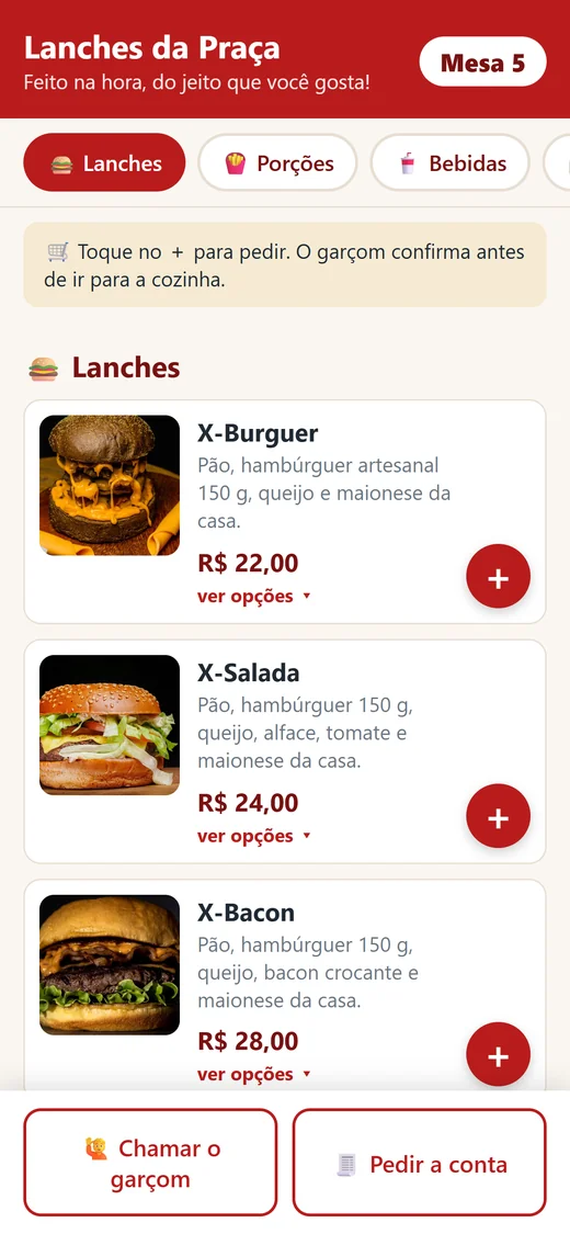 Cardápio digital aberto no celular pelo QR Code da mesa